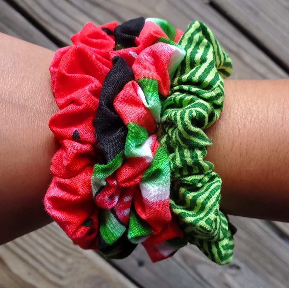 Hand sewn watermelon themed scrunchies